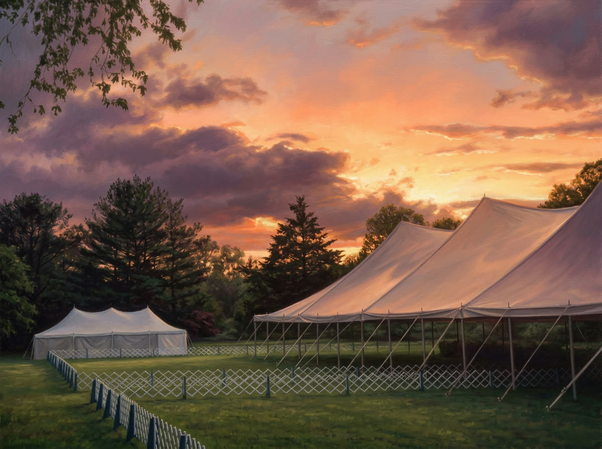 Painted dog show rings and white event tents beneath a luminous sunset sky.